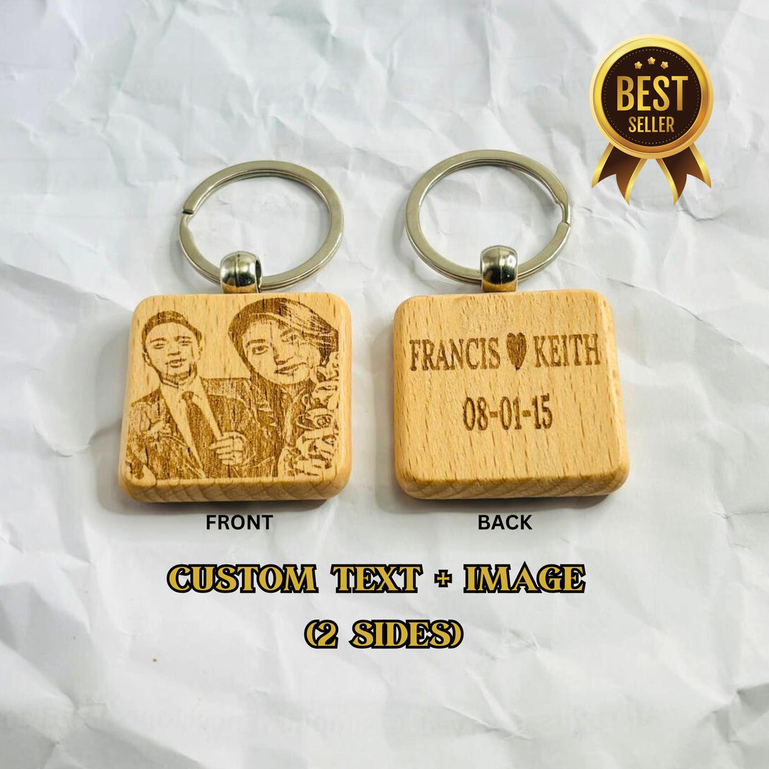 Personalized Wooden Keychain — Laser-Engraved Beech Wood, Square, With Metal Holder