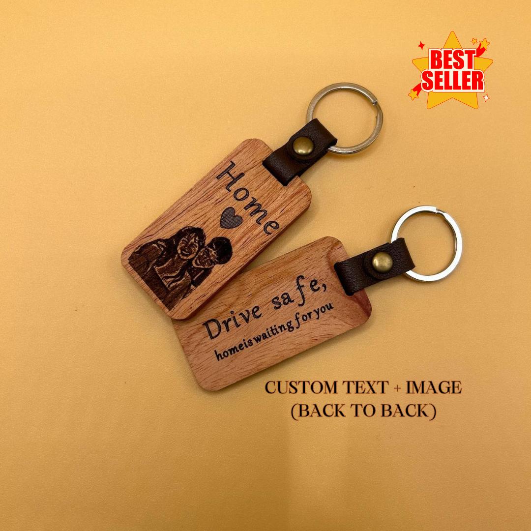 Personalized mahogany rectangle keychain with leather accent product image 4