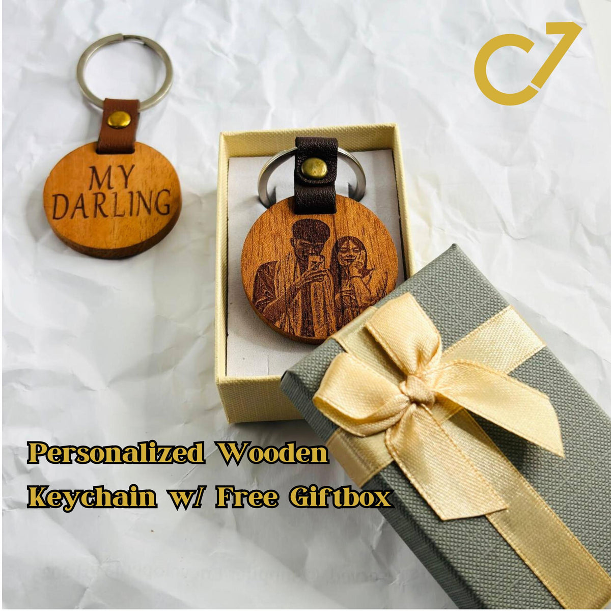 Personalized laser-engraved mahogany round keychain with leather accent