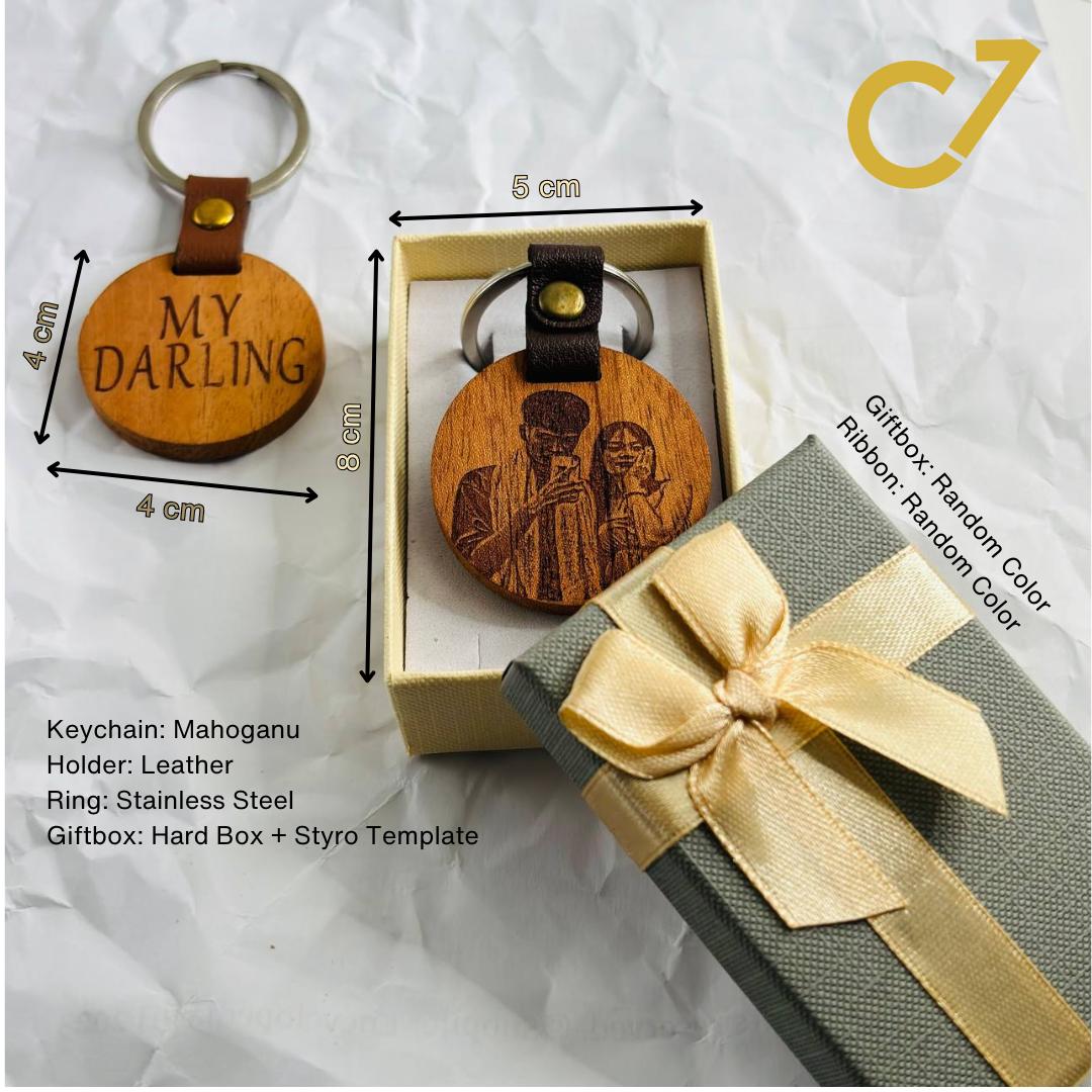 Personalized mahogany round keychain with leather accent product image 2