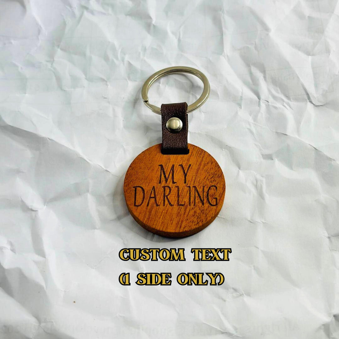 Personalized Wooden Keychain — Laser-Engraved Mahogany, Round With Leather Accent
