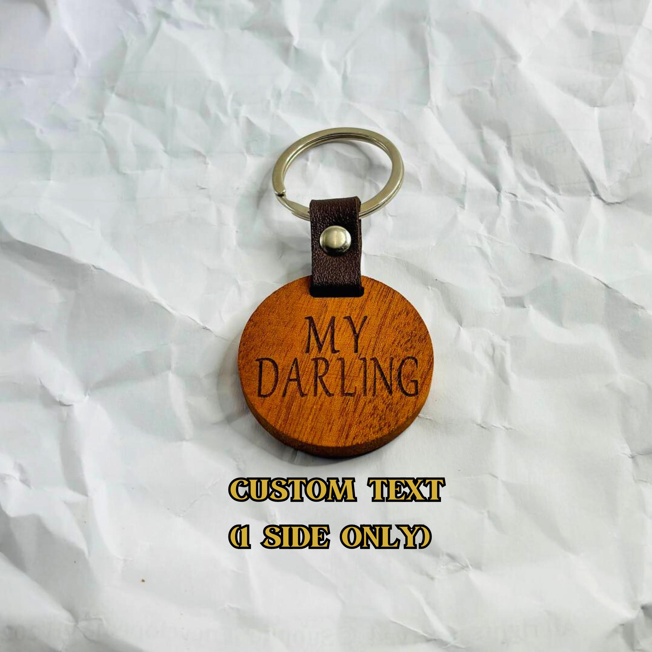 Personalized mahogany round keychain with leather accent product image 3