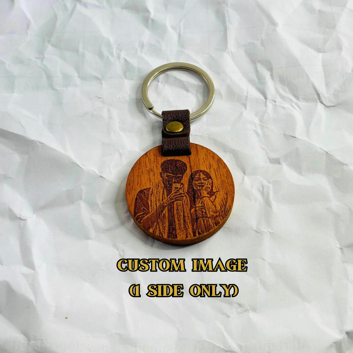 Personalized mahogany round keychain with leather accent product image 4
