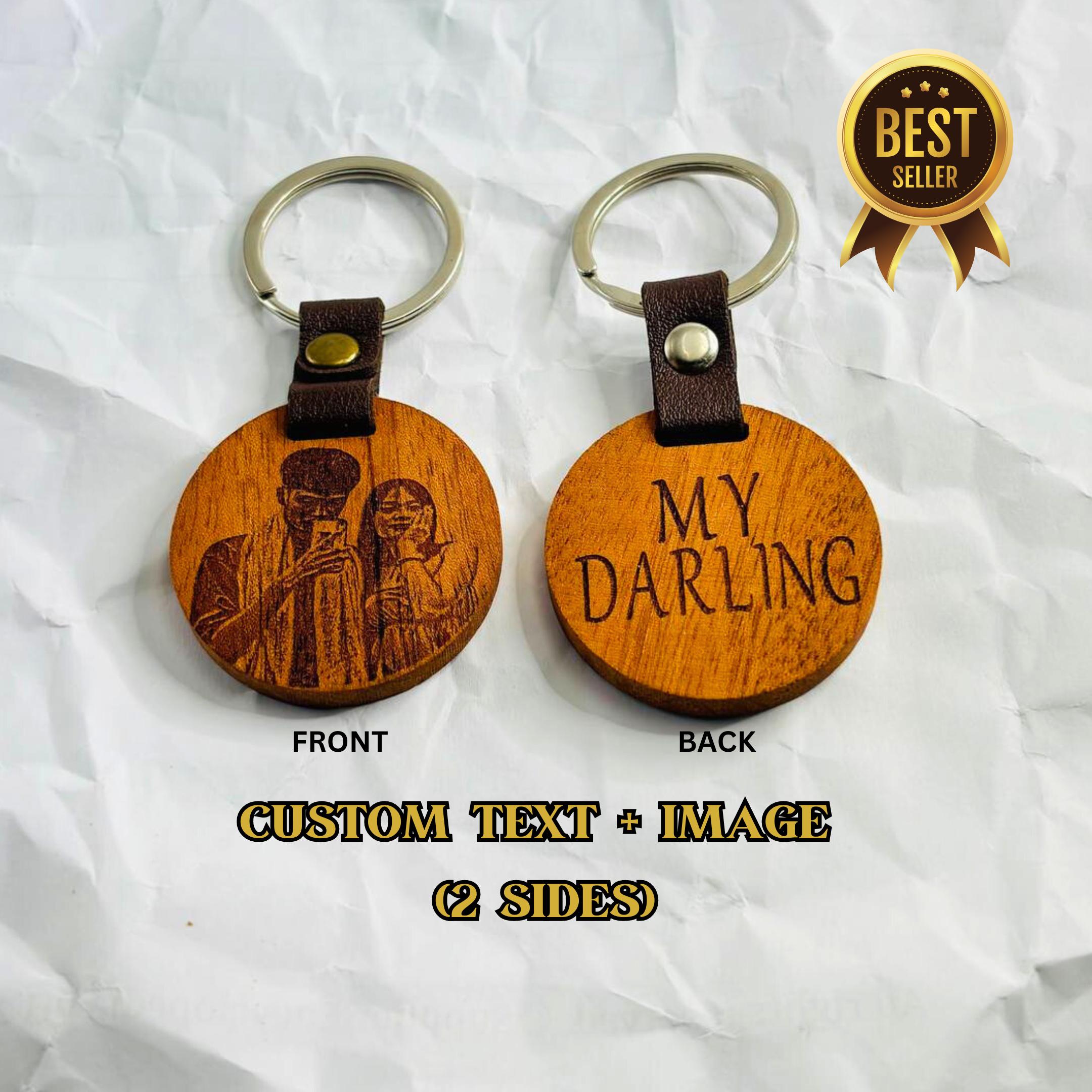 Personalized mahogany round keychain with leather accent product image 5