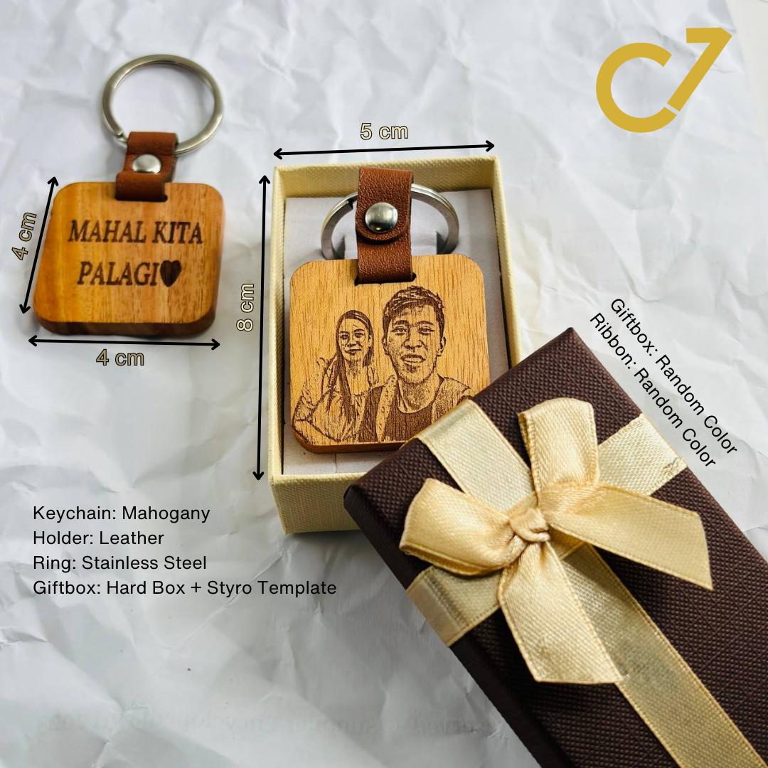 Personalized mahogany square keychain with leather accent product image 2
