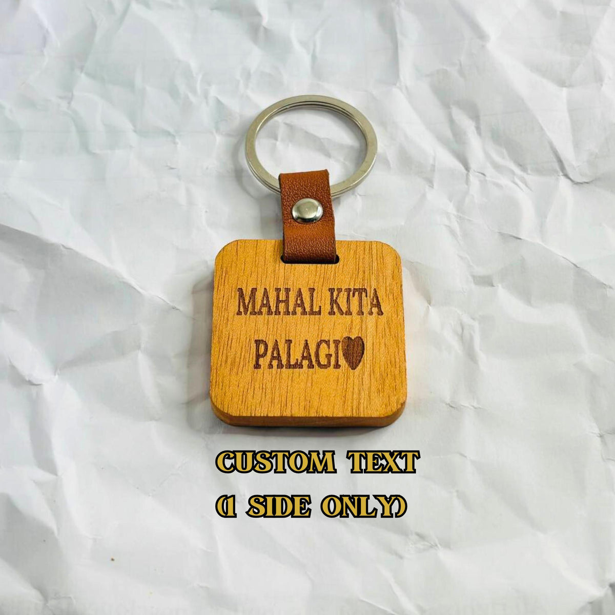 Personalized mahogany square keychain with leather accent product image 3