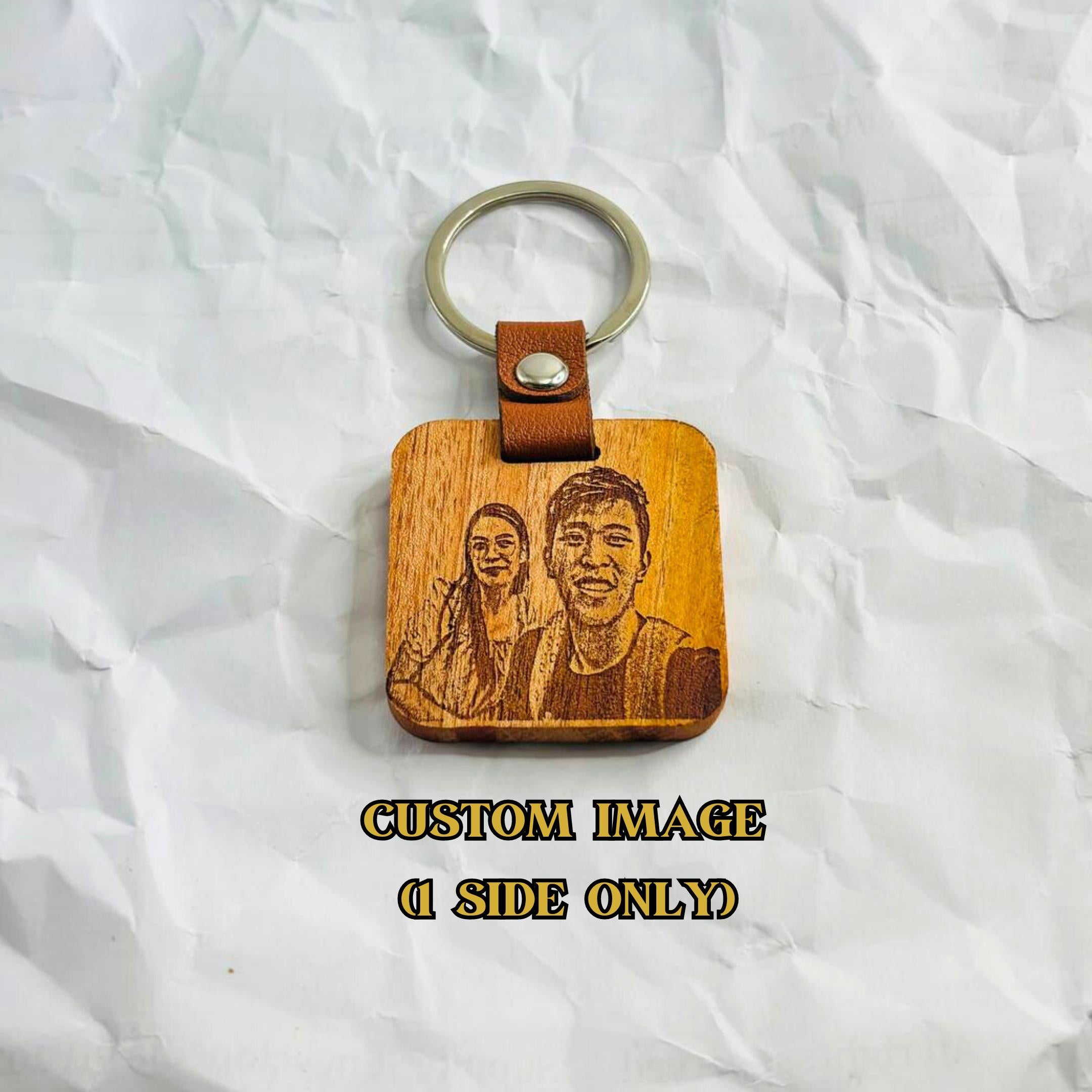 Personalized mahogany square keychain with leather accent product image 4