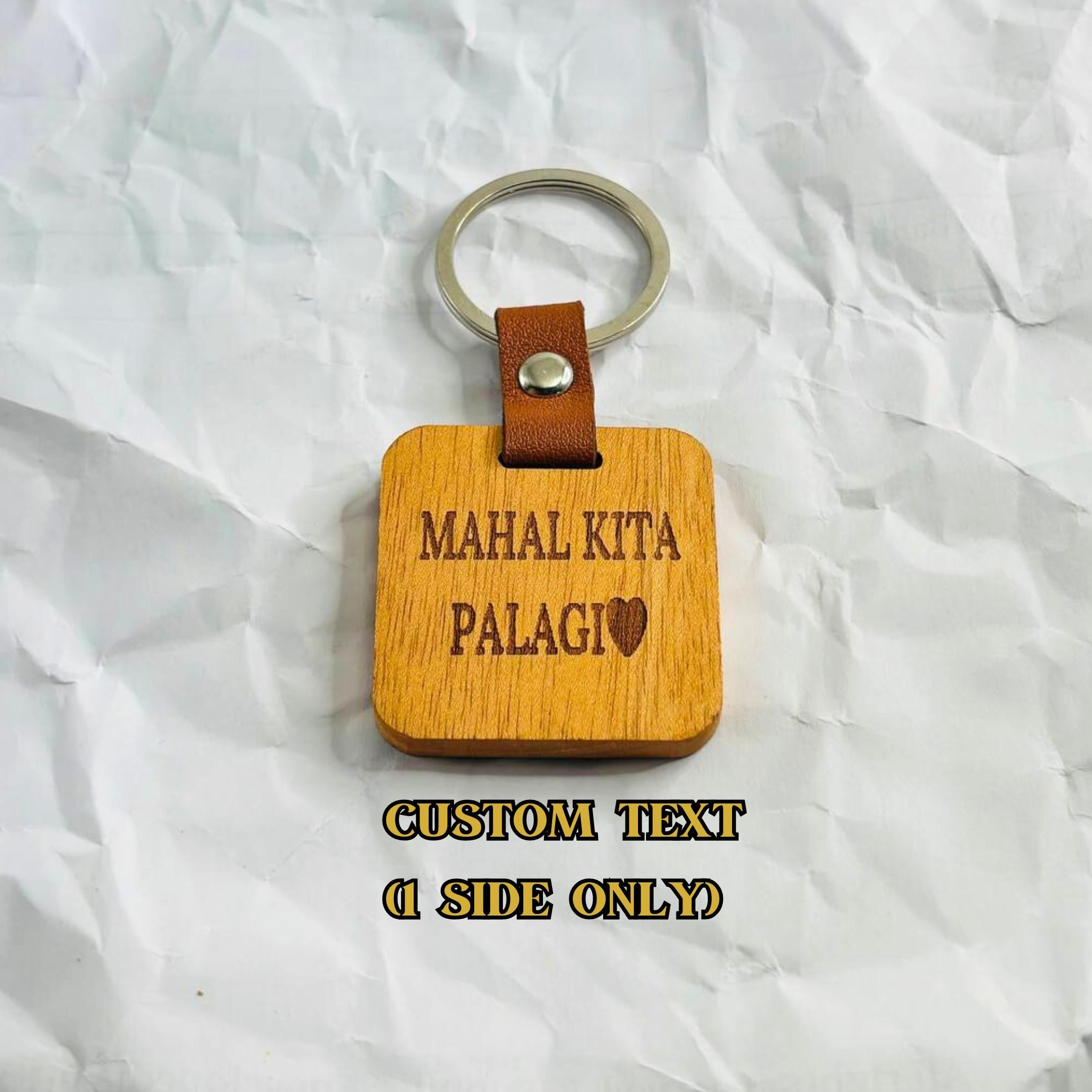 Personalized mahogany square keychain with leather accent product image 5