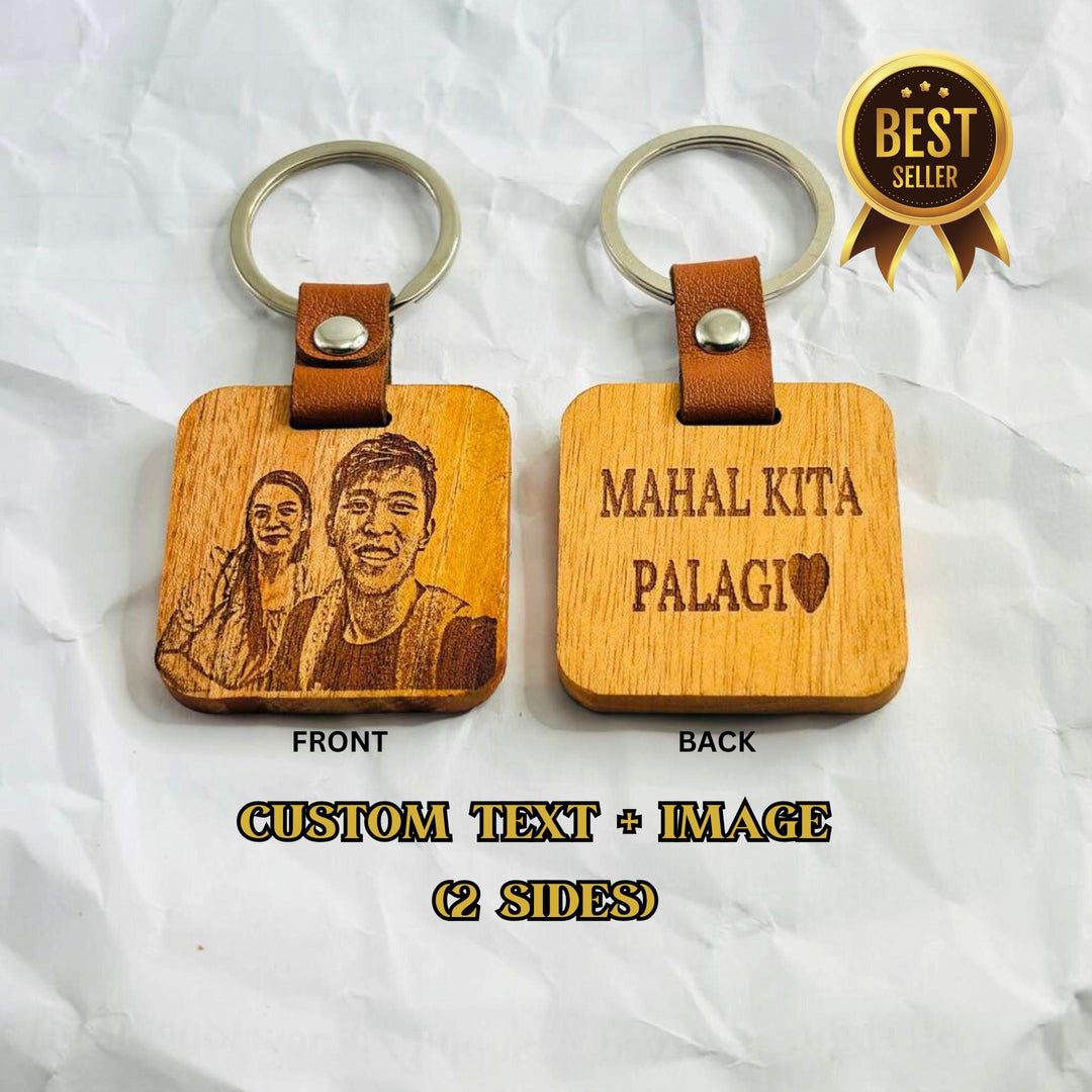 Personalized Wooden Keychain — Laser-Engraved Mahogany, Square With Leather Accent